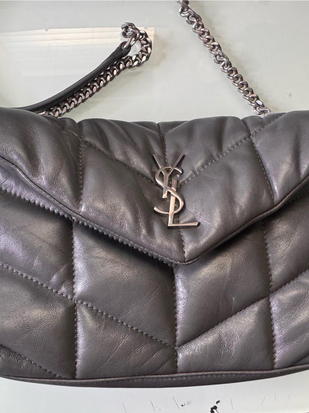 SAINT LAURENT YSL Toy Loulou Puffer Quilted Leather Shoulder Bag Gray